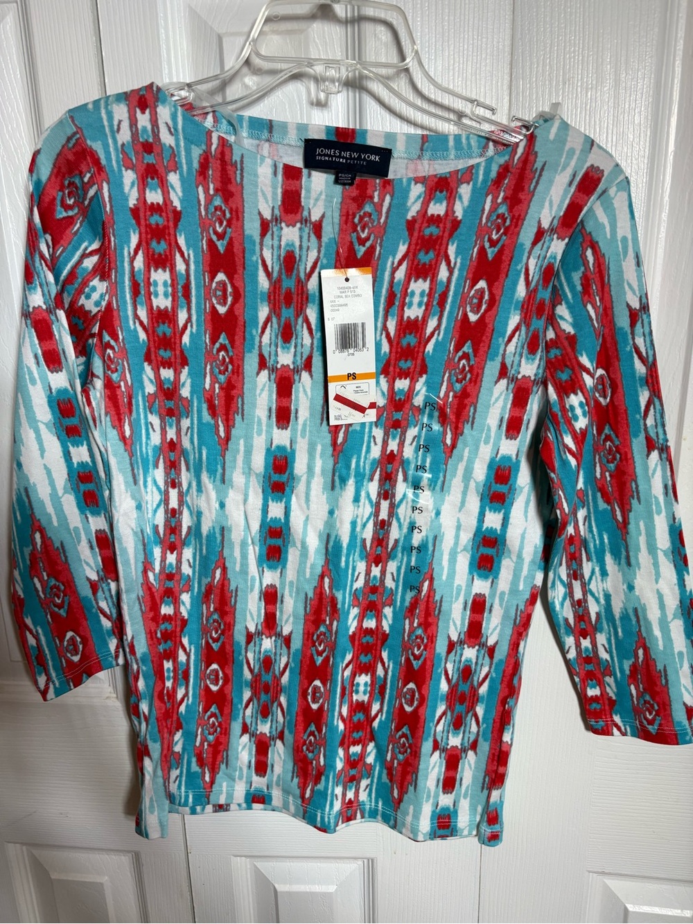 Jones New York Turquoise & Red Patterned Long Sleeve Top